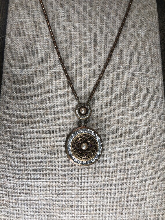 Antique Edwardian Rhinestone, Faux Pearl, Brass N… - image 3
