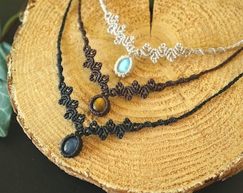 Makramee Edelstein Collier personalisierbar – Mondstein, Labradorit, Amethyst – Boho Choker Halskette