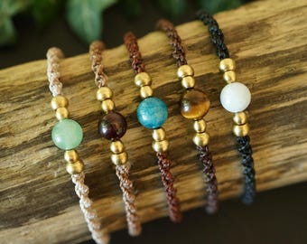 Brazalete personalizado Makramee – Mondstein, Labradorita, Aventurina – Brazalete bohemio versátil con perlas Edelstein, Holz y Messinperlen