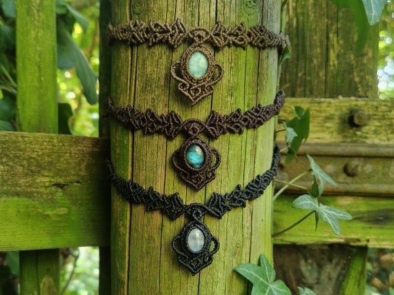 Personalisierbare Mondstein, Larimar und Labradorit Edelstein Macramé Choker Halsketten