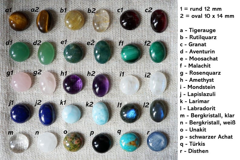 May include: A collection of polished gemstones in various shapes and colors, including tiger's eye, amethyst, and lapis lazuli. The gemstones are round (12 mm) and oval (10 x 14 mm).