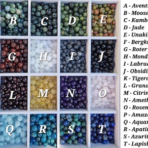 May include: A display of gemstone beads in a white divided tray. The beads are arranged by type, with labels A through T. Colors include green, brown, blue, purple, yellow, and clear. The text labels identify each gemstone type.