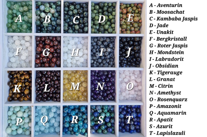 May include: A display of gemstone beads in a white divided tray. The beads are arranged by type, with labels A through T. Colors include green, brown, blue, purple, yellow, and clear. The text labels identify each gemstone type.