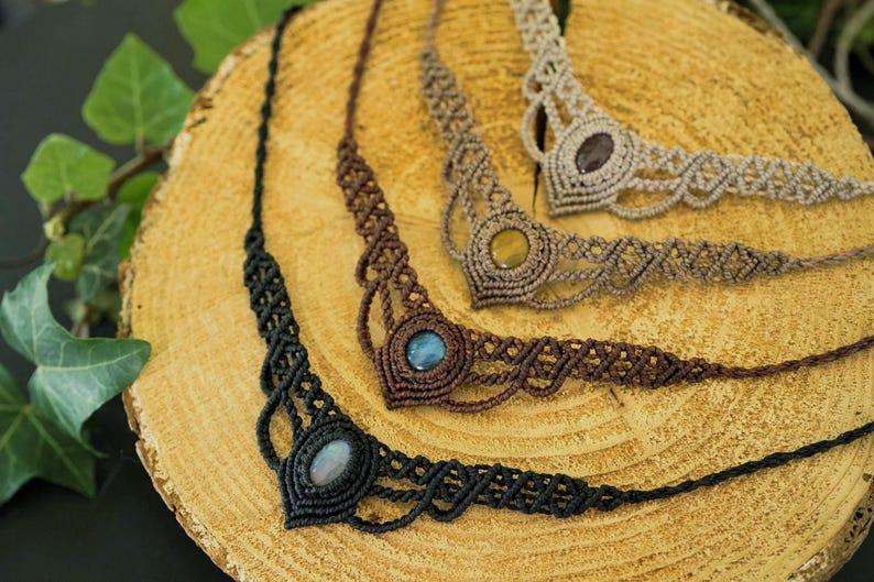 Makramee Edelstein Choker personalisierbar – Mondstein, Labradorit, Amethyst – Boho Halskette image 1
