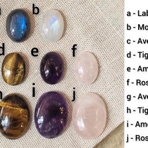 May include: An assortment of polished gemstones, including labradorite, moonstone, aventurine, tiger's eye, amethyst, and rose quartz. The gemstones are oval-shaped and vary in size and color, displayed on a neutral fabric background.