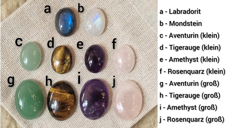 May include: An assortment of polished gemstones, including labradorite, moonstone, aventurine, tiger's eye, amethyst, and rose quartz. The gemstones are oval-shaped and vary in size and color, displayed on a neutral fabric background.