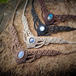 Labradorit/ Mondstein Choker Makramé Halsketten