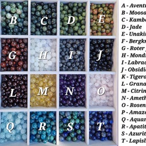 May include: A display of various gemstone beads in a white organizer. The beads are in different colors, including green, brown, white, blue, and yellow. The image includes text labeling each type of bead.
