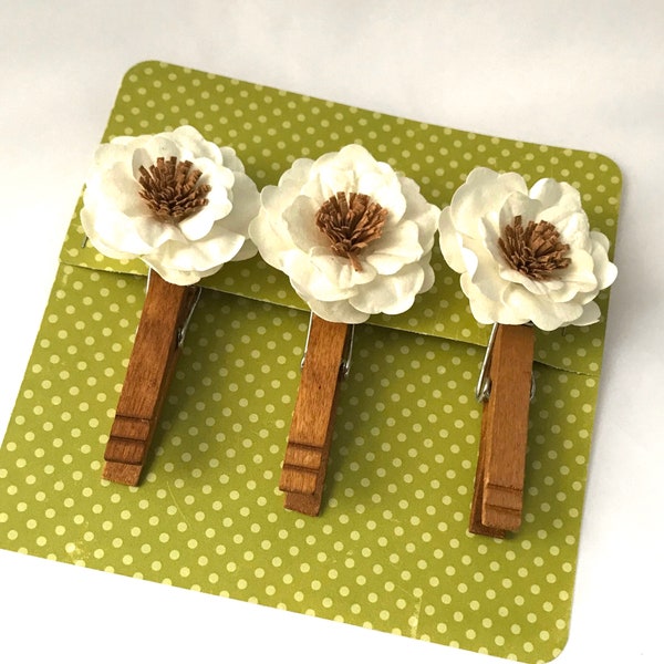 Clothespin Clips, Planner Clips, Place Card Holder, Gift for Her, White Flower, Decorative Clip, Paper Flower, Set of 3