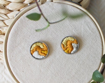 Yellow embroidered earrings, handmade abstract embroidery design, modern embroidery art