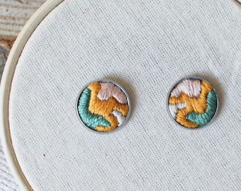 Handmade embroidered earrings, pink green and yellow studs, abstract embroidery design, modern embroidery