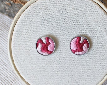 Embroidered jewelry, pink stud embroidery earrings, abstract embroidery design