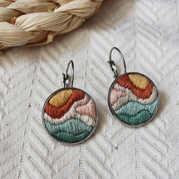Handmade abstract embroidered earrings, hand-embroidered jewelry, statement earrings, modern embroidery