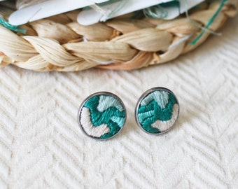 Embroidered jewelry, turquoise stud earrings, handmade abstract embroidery design, modern embroidery art