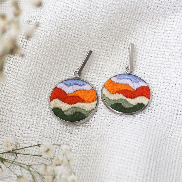 Handmade abstract embroidered earrings, hand-embroidered jewelry, statement earrings, modern embroidery