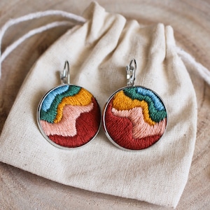 Handmade embroidered colorful earrings stainless steel, hand-embroidered statement jewelry, big round earrings