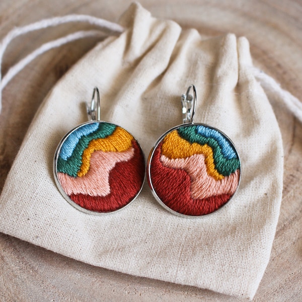 Handmade embroidered colorful earrings stainless steel, hand-embroidered statement jewelry, big round earrings