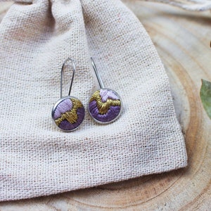 handmade embroidered purple and golden earrings, handmade jewelry, stainless steel earrings