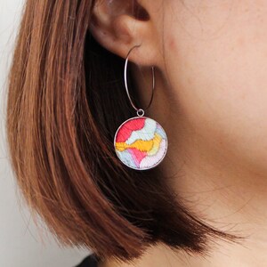 Handmade hoop earrings with colorful embroidered pendant, hand-embroidered unique statement jewelry design, abstract and modern embroidery image 3