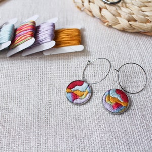 Handmade hoop earrings with colorful embroidered pendant, hand-embroidered unique statement jewelry design, abstract and modern embroidery image 2