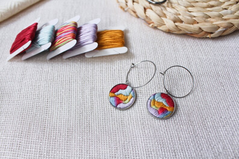 Handmade hoop earrings with colorful embroidered pendant, hand-embroidered unique statement jewelry design, abstract and modern embroidery image 2