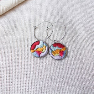 Handmade hoop earrings with colorful embroidered pendant, hand-embroidered unique statement jewelry design, abstract and modern embroidery image 4