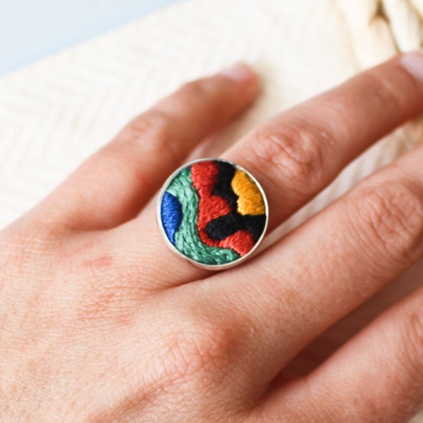 Hand-embroidered colorful adjustable ring, abstract and modern embroidery design, unique statement jewelry