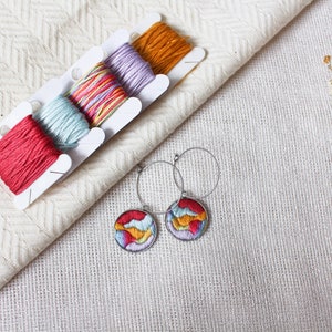 Handmade hoop earrings with colorful embroidered pendant, hand-embroidered unique statement jewelry design, abstract and modern embroidery image 6