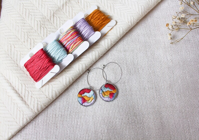 Handmade hoop earrings with colorful embroidered pendant, hand-embroidered unique statement jewelry design, abstract and modern embroidery image 6