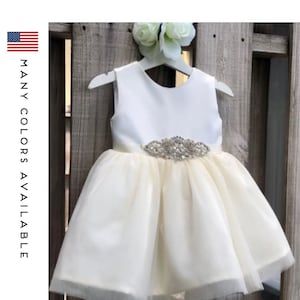 Ivory Flower Girl Dress, Rhinestone Flower Girl Dresses, Satin Tulle Flower Girl and Communion Dresses. Custom and plus sizes dress.