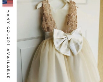 Ivory Flower Girl Dress with delicate Lace, Ivory and Champagne Lace Flower Girl dress,  Flower Girl Dresses, Ivory Wedding