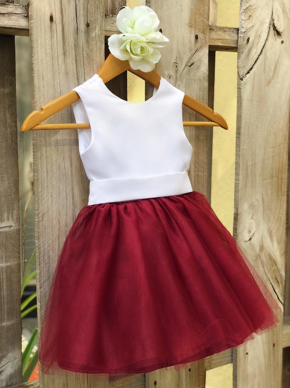 white burgundy flower girl dress