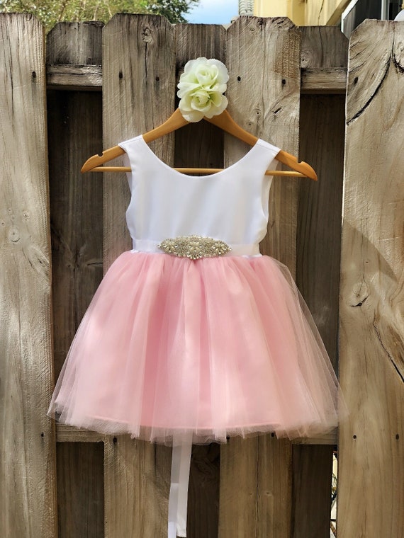 Pink Flower Girl Dress with Rhinestone Sash. Elegant White | Etsy