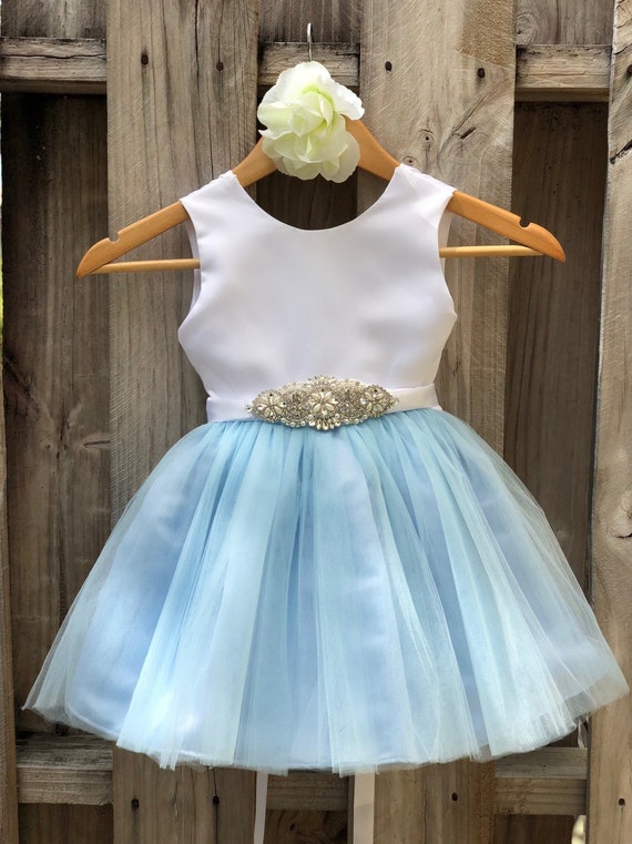 Dusty Blue Flower Girl Dress Rhinestone Flower Sash Elegant Etsy