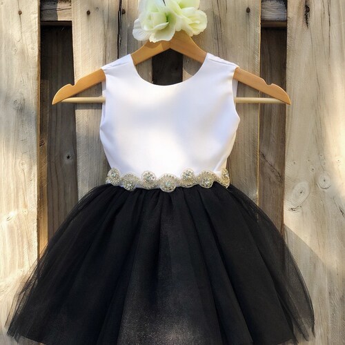 Black and White Flower Girl Dress Black Tulle Long Sleeve Etsy