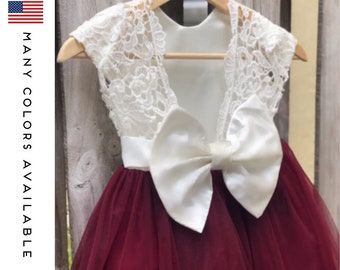 Burgundy Flower Girl Dress, Lace Flower Girl Dress with Burgundy Skirt, Customizable Flower Girl Dress