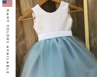 Dusty Blue Flower Girl Dress, Light Blue Flower Girl Dresses, Satin Tulle Flower Girl Dress, Dusty Blue Wedding