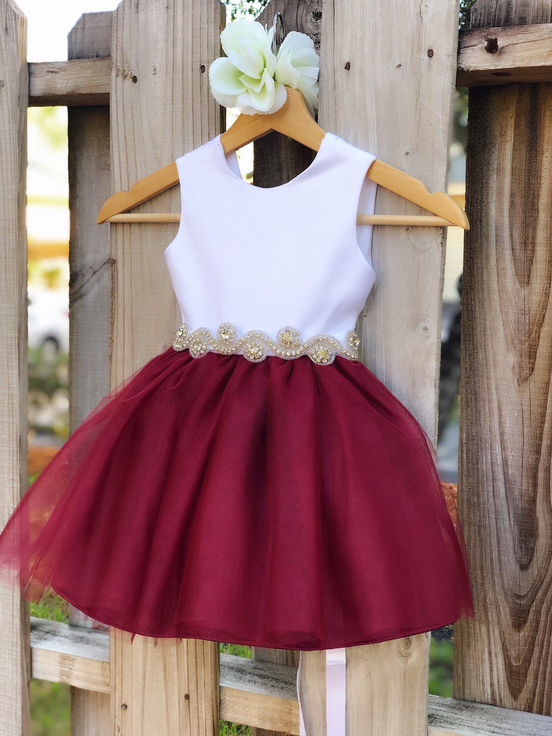 Burgundy Flower Girl Dress with Rhinestone Sash. Elegant Satin Etsy