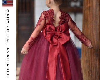 Burgundy Flower Girl Dress, Delicate and Elegant lace, Wedding Girl Dresses. Custom and plus sizes.