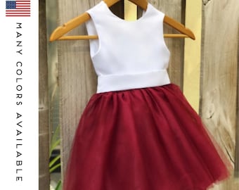 Burgundy Flower Girl Dress, Elegant White Satin and Burgundy Tulle Flower Girl Dresses.