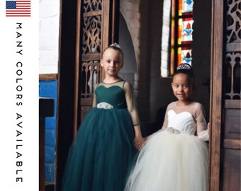 Flower Girl Dress, Delicate Long Sleeve, Satin and Tulle Flower Girl Dresses with Big and Puffy Custom color Tulle Skirt. Minibride Dress.