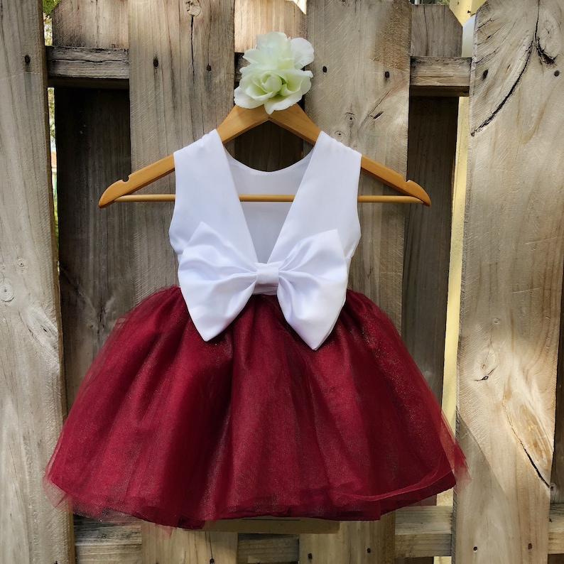 Burgundy Flower Girl Dress Elegant White Satin and Burgundy Etsy