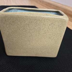 May include: A speckled, rectangular ceramic planter with a light beige exterior and a light blue interior. The planter has a slightly trapezoidal shape, wider at the top than the bottom. The surface has a speckled texture.