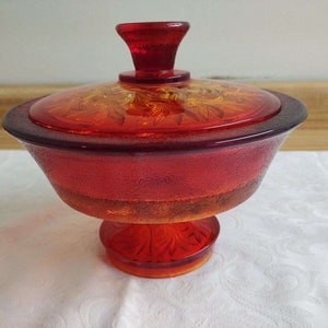 Vtg. MCM amberina textured glass/plant life design heavy compote.