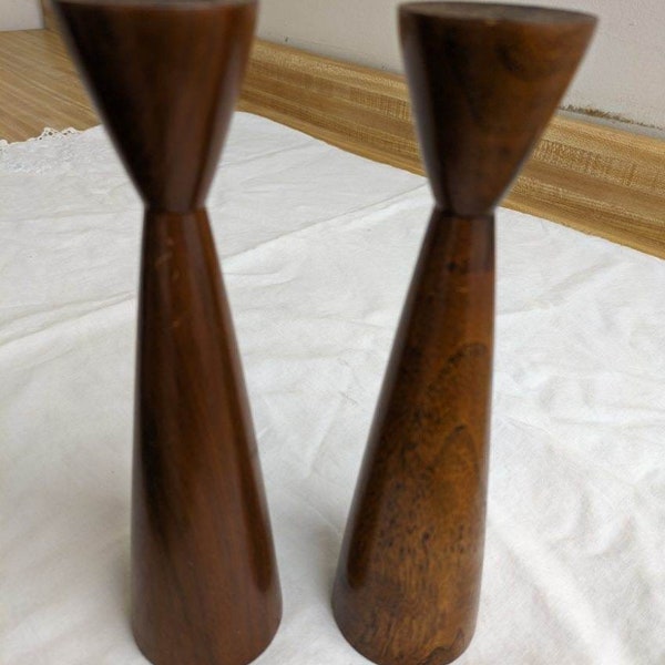 Vtg. MCM stained wood Danish modern candlestick pair.