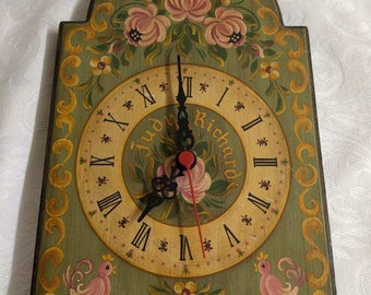 Vtg. hand painted designed quartz movement clock, wood. Signed Judy Richards.