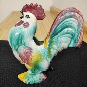 Vintage multi colored glazed ceramic rooster planter with rhinestone eyes