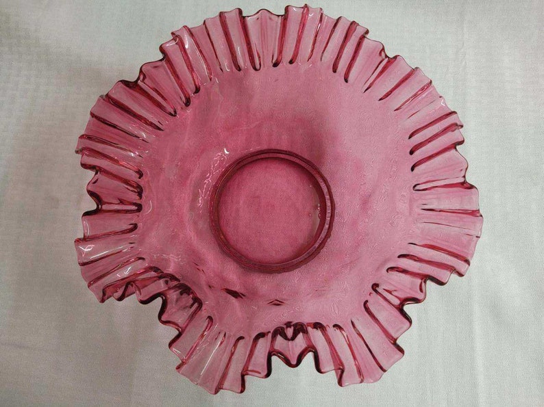 Vintage Cranberry Glass Fruit Bowl Large Ruffled With Criss Etsy