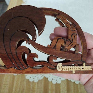 Vtg. woodcut napkin/card holder. Campeche, Mexico souvenir.