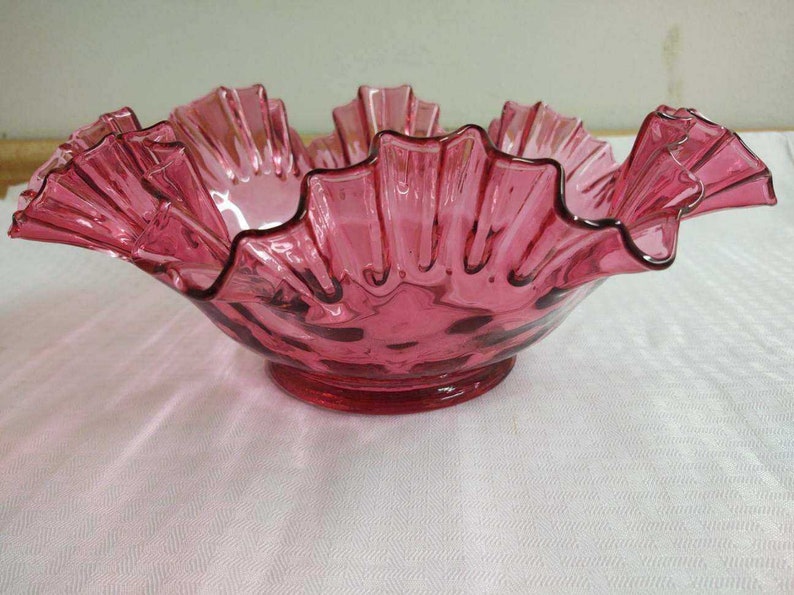 Vintage Cranberry Glass Fruit Bowl Large Ruffled With Criss Etsy